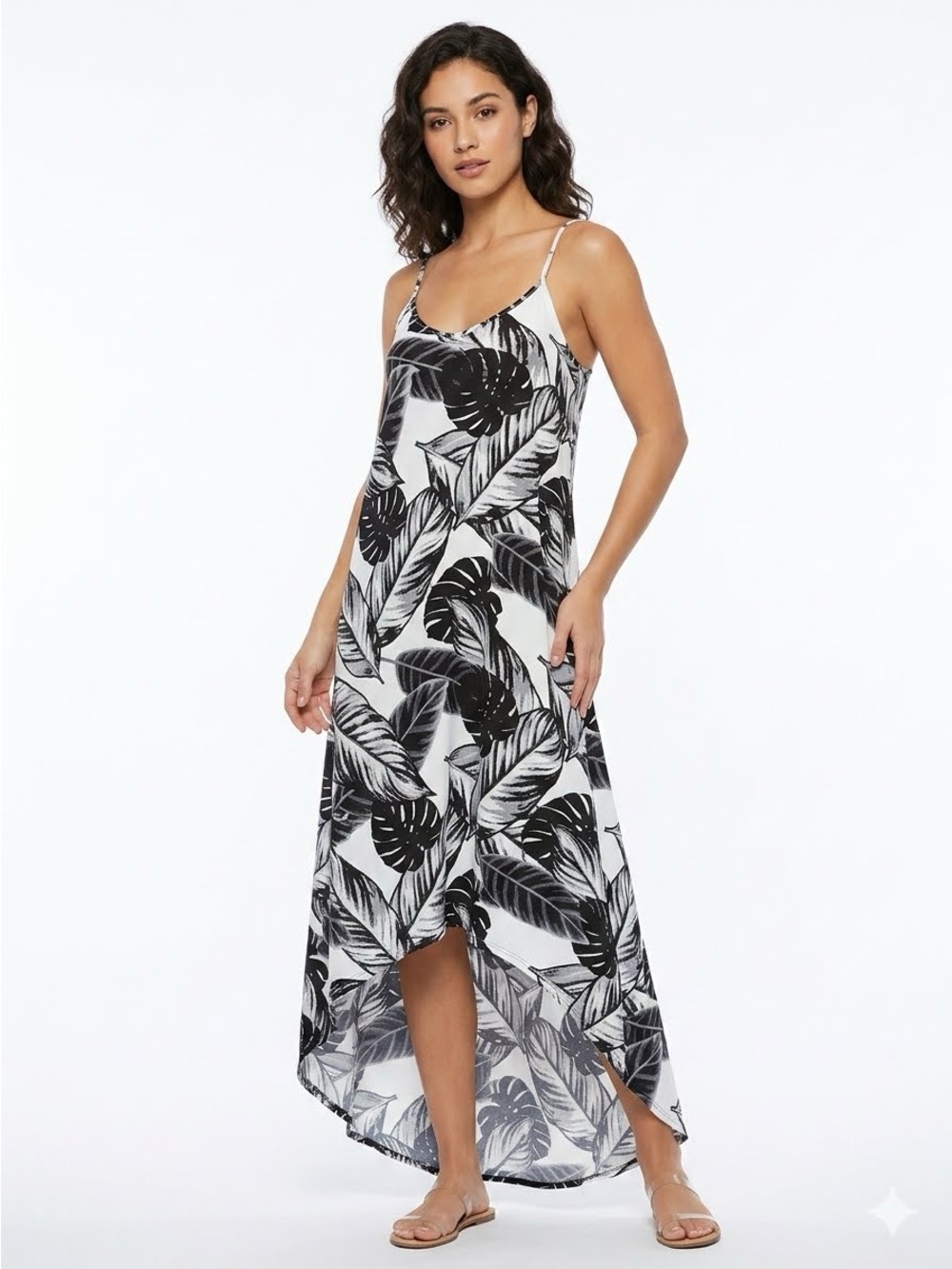SANDIVA White Black Gray Leaf Print Swim Pool Cover-up Dress L Large $50 EUC KL